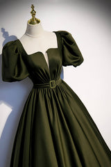 Cute Dress Outfit, A-Line Satin Long Prom Dress, Dark Green Short Sleeve Evening Graduation Dress
