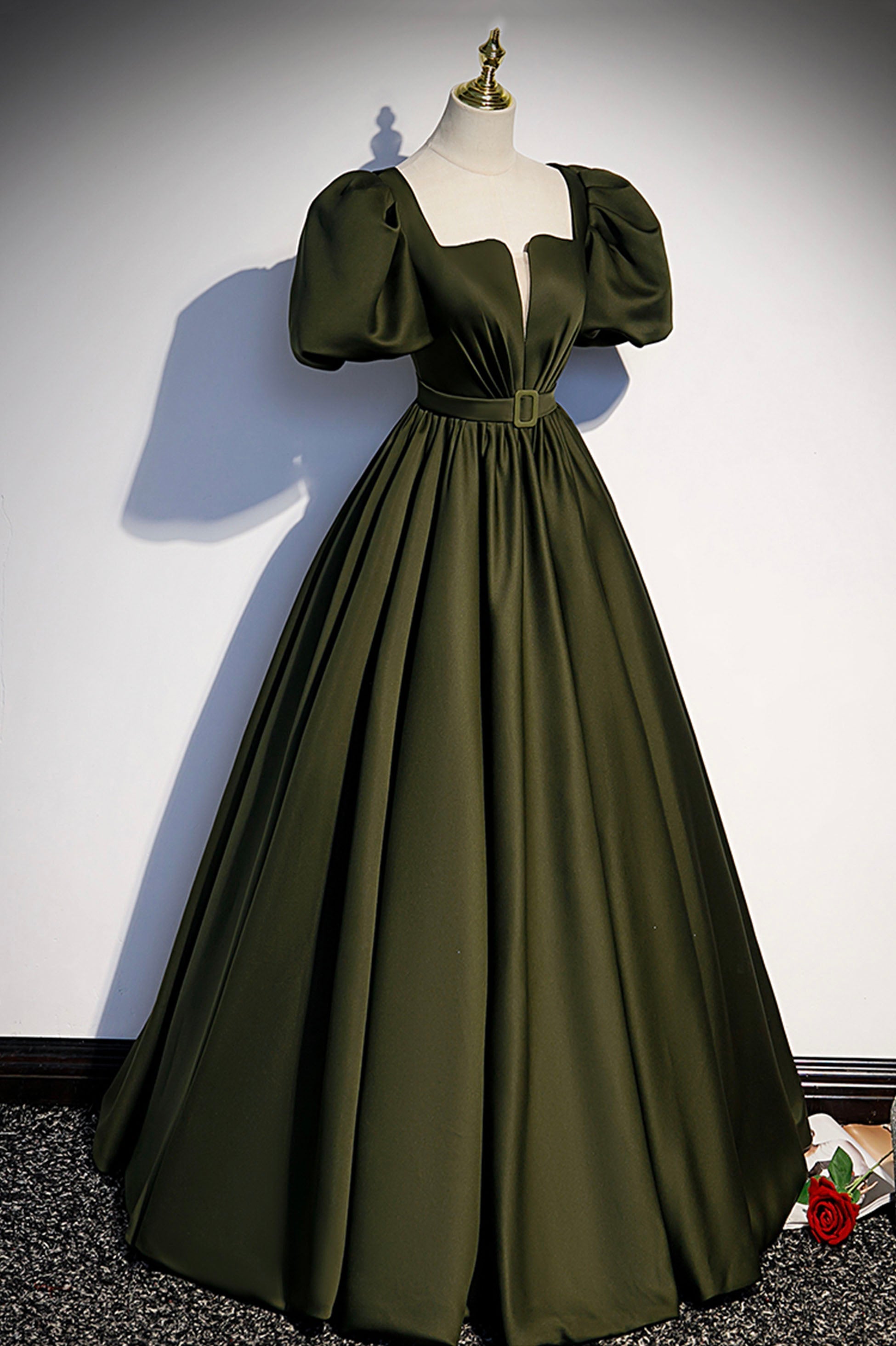 Evening Dress Long, A-Line Satin Long Prom Dress, Dark Green Short Sleeve Evening Graduation Dress
