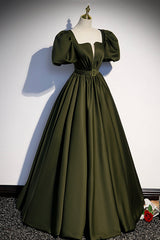 Evening Dress Long, A-Line Satin Long Prom Dress, Dark Green Short Sleeve Evening Graduation Dress