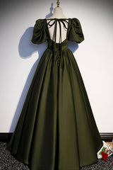 Club Dress, A-Line Satin Long Prom Dress, Dark Green Short Sleeve Evening Graduation Dress