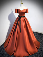 Prom Dress Lace, A Line Satin Orange Long Prom Dresses, Orange Formal Bridesmaid Dresses