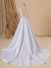 Wedding Dresses For Short Brides, A-line Satin Square Court Train Wedding Dress