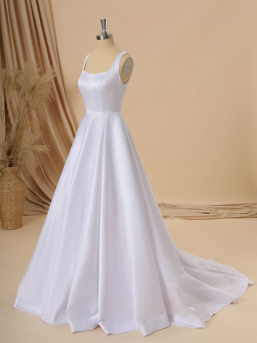 Wedding Dress For Short Bride, A-line Satin Square Court Train Wedding Dress