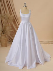Wedding Dress For Short Brides, A-line Satin Square Court Train Wedding Dress
