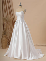 Wedding Dresses And Shoes, A-line Satin Straight Pleated Sweep Train Corset Wedding Dress
