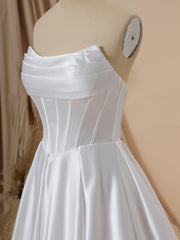 Wedding Dress And Shoe, A-line Satin Straight Pleated Sweep Train Corset Wedding Dress