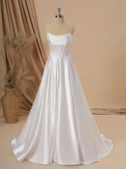 Wedding Dresses Fashion, A-line Satin Straight Pleated Sweep Train Corset Wedding Dress