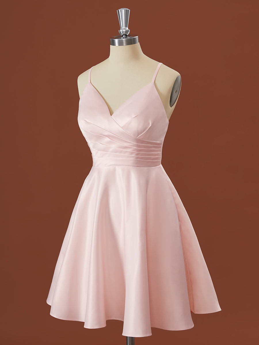Formal Dresses For Sale, A-line Satin V-neck Pleated Short/Mini Bridesmaid Dress