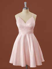 Formal Dress Shopping, A-line Satin V-neck Pleated Short/Mini Bridesmaid Dress