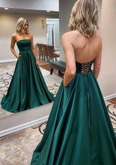 Party Dress With Glitter, A-line Scalloped Neck Sweep Train Satin Prom Dress With Pockets