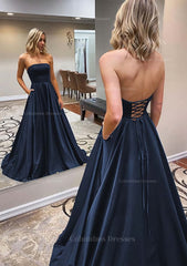 Party Dress Express Photos, A-line Scalloped Neck Sweep Train Satin Prom Dress With Pockets