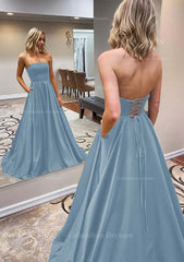 Party Dress Reception Wedding, A-line Scalloped Neck Sweep Train Satin Prom Dress With Pockets
