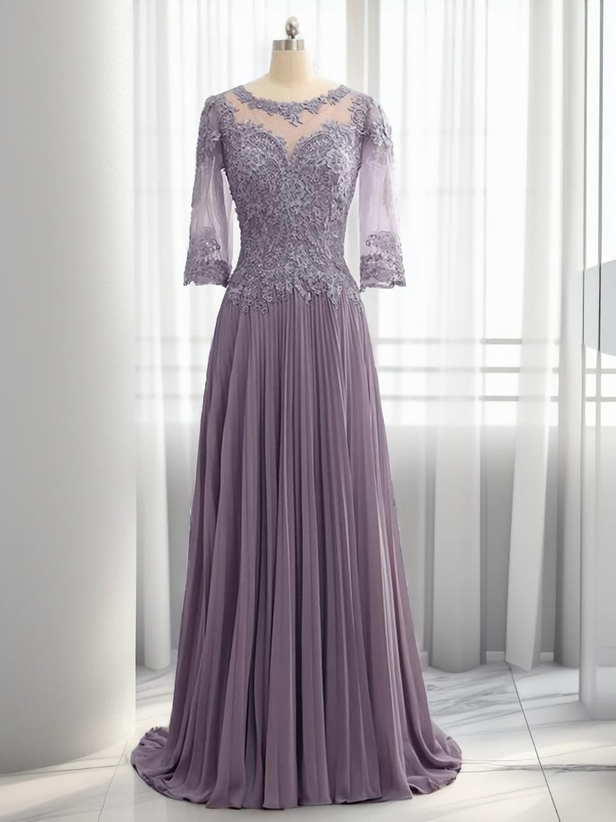 Prom Dress Green, A-line Scoop 3/4 Sleeves Appliques Lace Sweep Train Chiffon Mother of the Bride Dress