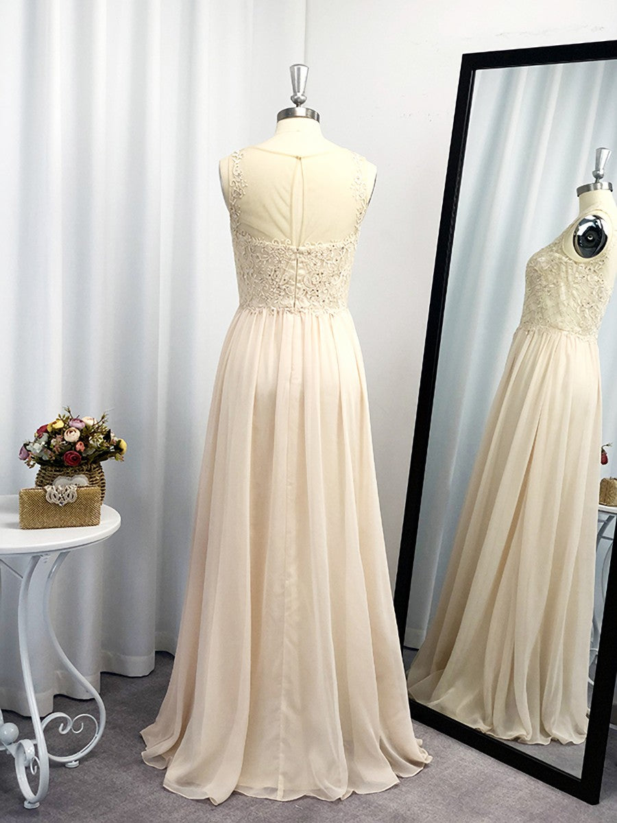 Prom Dresse Two Piece, A-line Scoop Appliques Lace Floor-Length Chiffon Dress