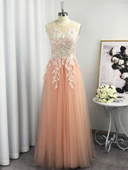 Prom Dress Two Pieces, A-line Scoop Appliques Lace Floor-Length Tulle Dress