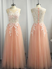 Prom Dressed Two Piece, A-line Scoop Appliques Lace Floor-Length Tulle Dress