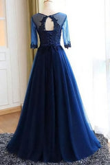 Prom Dress Shop Near Me, A-line Scoop Neck Dark Blue Long Prom Dresses With Sleeves