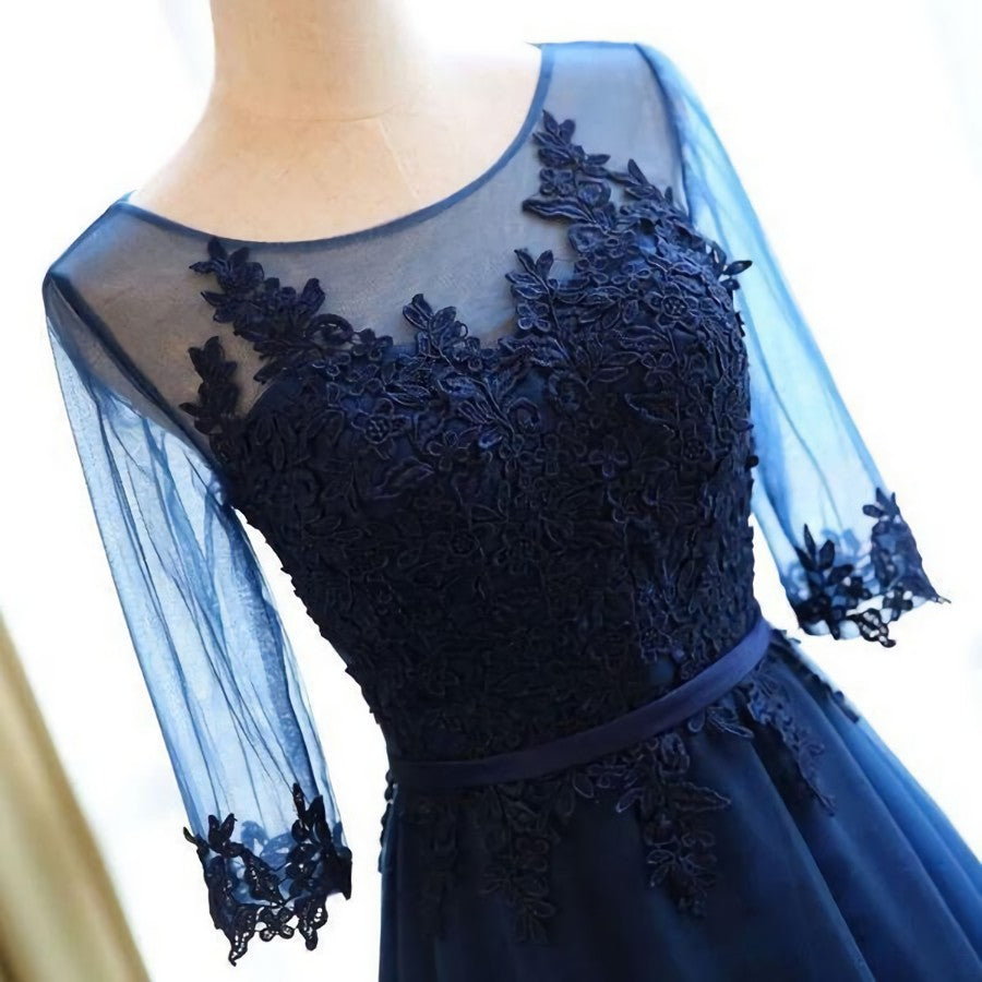 Prom Dresses Mermaid, A-line Scoop Neck Dark Blue Long Prom Dresses With Sleeves