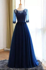 Prom Dress Shops Near Me, A-line Scoop Neck Dark Blue Long Prom Dresses With Sleeves