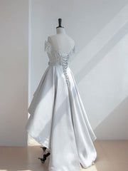 Prom Dress Backless, A-Line Scoop Neckline Lace Gray Prom Dress, High Low Style Satin Formal Dresses