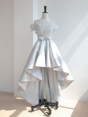 Prom Dress Aesthetic, A-Line Scoop Neckline Lace Gray Prom Dress, High Low Style Satin Formal Dresses