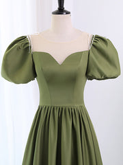 Formal Dress Outfit, A-Line Scoop Neckline Puff Sleeves Satin Long Green Prom Dress, Green Formal Dress