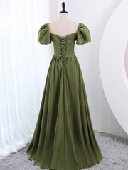 Formal Dressing Style, A-Line Scoop Neckline Puff Sleeves Satin Long Green Prom Dress, Green Formal Dress