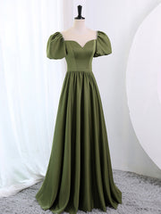 Formal Dress Style, A-Line Scoop Neckline Puff Sleeves Satin Long Green Prom Dress, Green Formal Dress