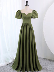 Formal Dresses Outfits, A-Line Scoop Neckline Puff Sleeves Satin Long Green Prom Dress, Green Formal Dress