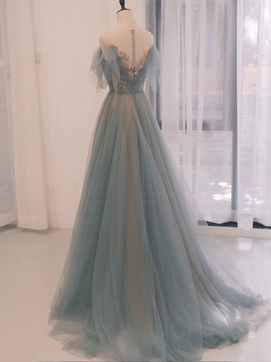 Prom Dresses Spring, A-Line Scoop Neckline Tulle Gray Blue Long Prom Dress with Sequin