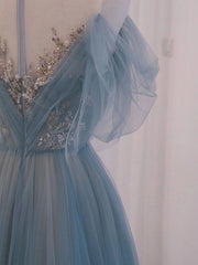 Prom Dress Spring, A-Line Scoop Neckline Tulle Gray Blue Long Prom Dress with Sequin