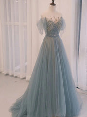 Prom Dress Princess, A-Line Scoop Neckline Tulle Gray Blue Long Prom Dress with Sequin
