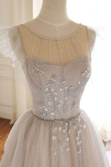 Prom Dresses Fitted, A-Line Scoop Neckline Tulle Long Prom Dress with Beaded, Evening Party Dress