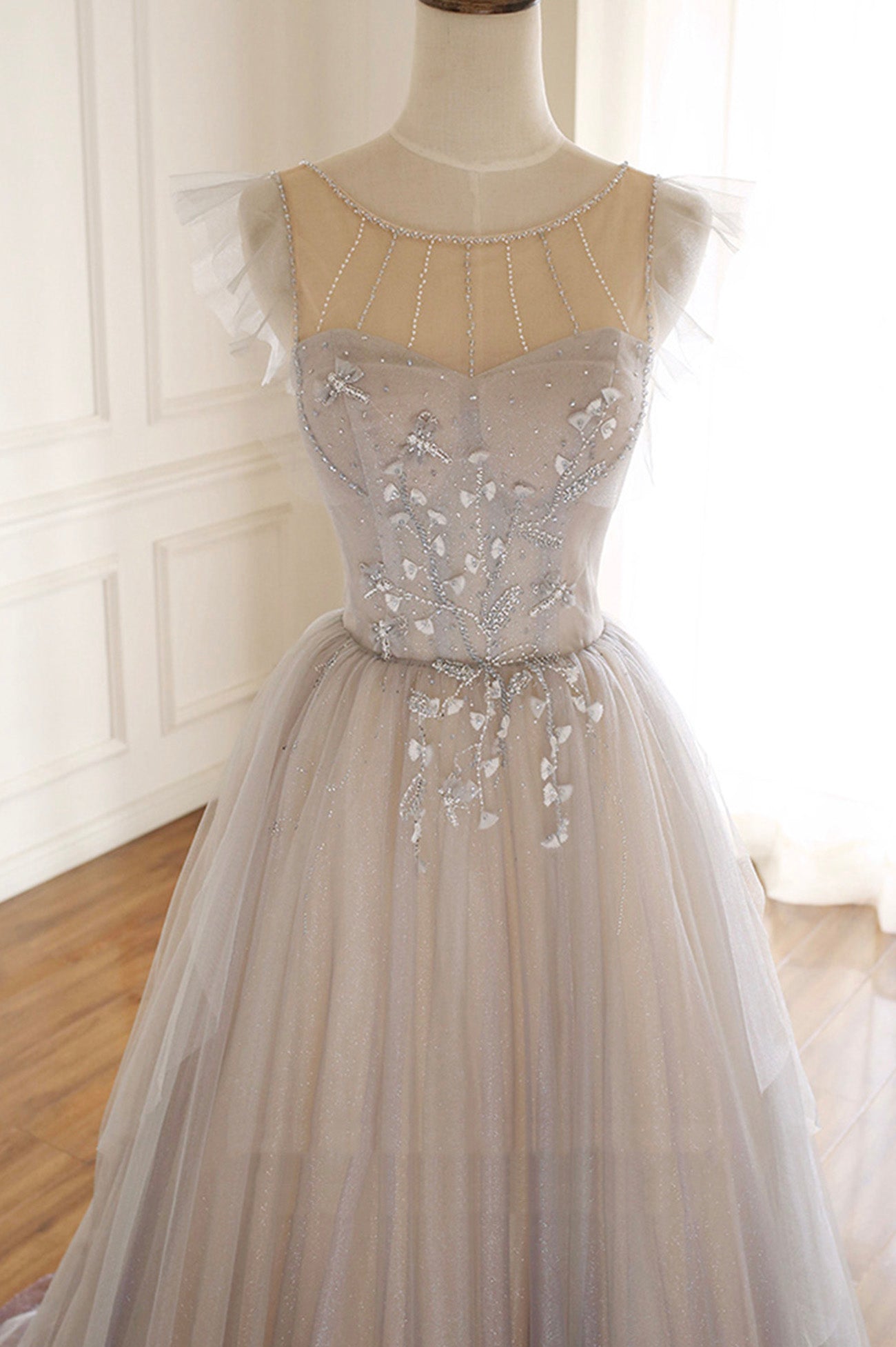 Prom Dress A Line Prom Dress, A-Line Scoop Neckline Tulle Long Prom Dress with Beaded, Evening Party Dress