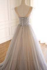 Prom Dresses Simple, A-Line Scoop Neckline Tulle Long Prom Dress with Beaded, Evening Party Dress