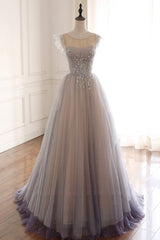 Prom Dresses Blue, A-Line Scoop Neckline Tulle Long Prom Dress with Beaded, Evening Party Dress