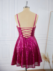 Prom Dress Designer, A-line Sequins Spaghetti Straps Pleated Short/Mini Dress