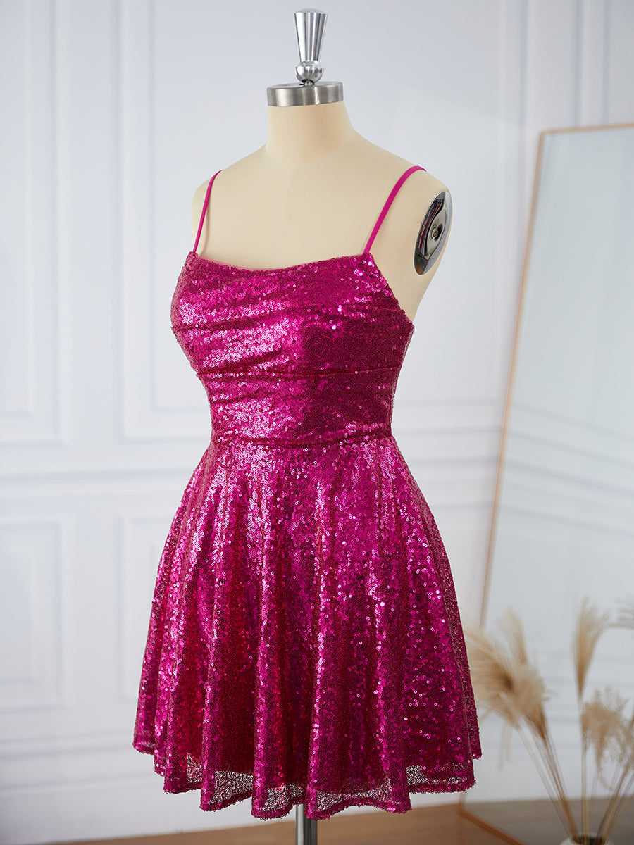 Prom Dresses Designer, A-line Sequins Spaghetti Straps Pleated Short/Mini Dress