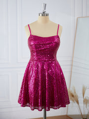 Prom Dresses Pink, A-line Sequins Spaghetti Straps Pleated Short/Mini Dress