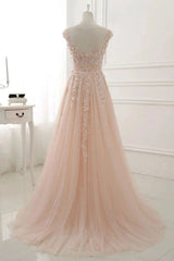 Prom Dress On Sale, A Line Sheer Neck Cap Sleeves Tulle Prom Dresses With Appliques