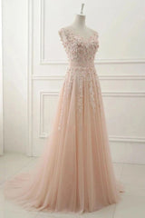 Prom Dress2028, A Line Sheer Neck Cap Sleeves Tulle Prom Dresses With Appliques