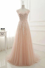 Prom Dress Style, A Line Sheer Neck Cap Sleeves Tulle Prom Dresses With Appliques