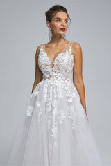 Wedding Dress Lace Simple, A-LINE SHEER STRAPS V-NECK TULLE APPLIQUE FLOOR-LENGTH SLEEVELESS WEDDING DRESSES