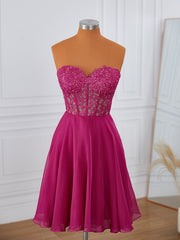 Prom Dress Elegant, A-line Short Sleeves 30D Chiffon Sweetheart Appliques Lace Corset Convertible Short/Mini Dress