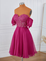Prom Dresses Elegant, A-line Short Sleeves 30D Chiffon Sweetheart Appliques Lace Corset Convertible Short/Mini Dress