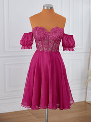 Prom Dresses Outfits, A-line Short Sleeves 30D Chiffon Sweetheart Appliques Lace Corset Convertible Short/Mini Dress