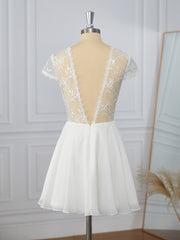 Prom Dress Shops Nearby, A-line Short Sleeves Chiffon Illusion Appliques Lace Short/Mini Dress