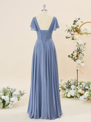 Party Dress Sleeves, A-line Short Sleeves Chiffon V-neck Floor-Length Bridesmaid Dress