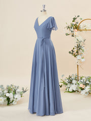 Party Dress Sleeve, A-line Short Sleeves Chiffon V-neck Floor-Length Bridesmaid Dress