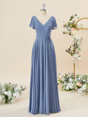 Party Dresses Summer Dresses 2031, A-line Short Sleeves Chiffon V-neck Floor-Length Bridesmaid Dress
